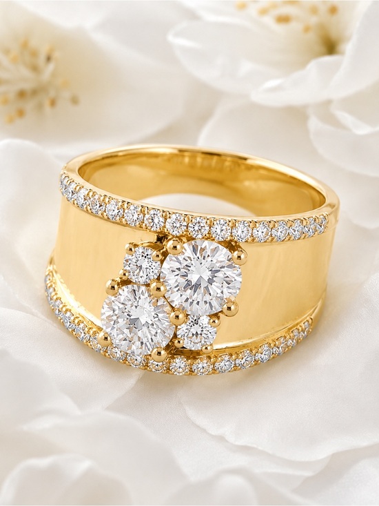 Jewelry - Gold Wide Band Ring with Clustered Clear Stones - Women Jewelry size 9